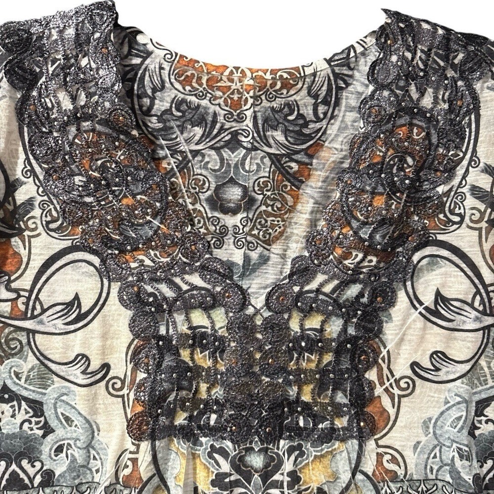 Boho Paisley Festival Top Womens XL Retro Hippie Peasant Blouse V Neck - Picture 2 of 4